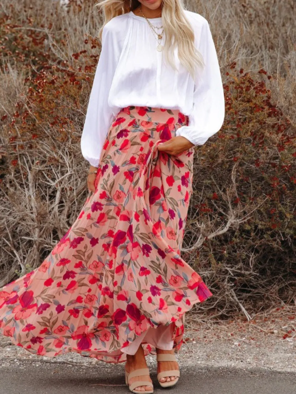 🌸 Printed Elastic Waist Pleated Maxi Skirt 🌸