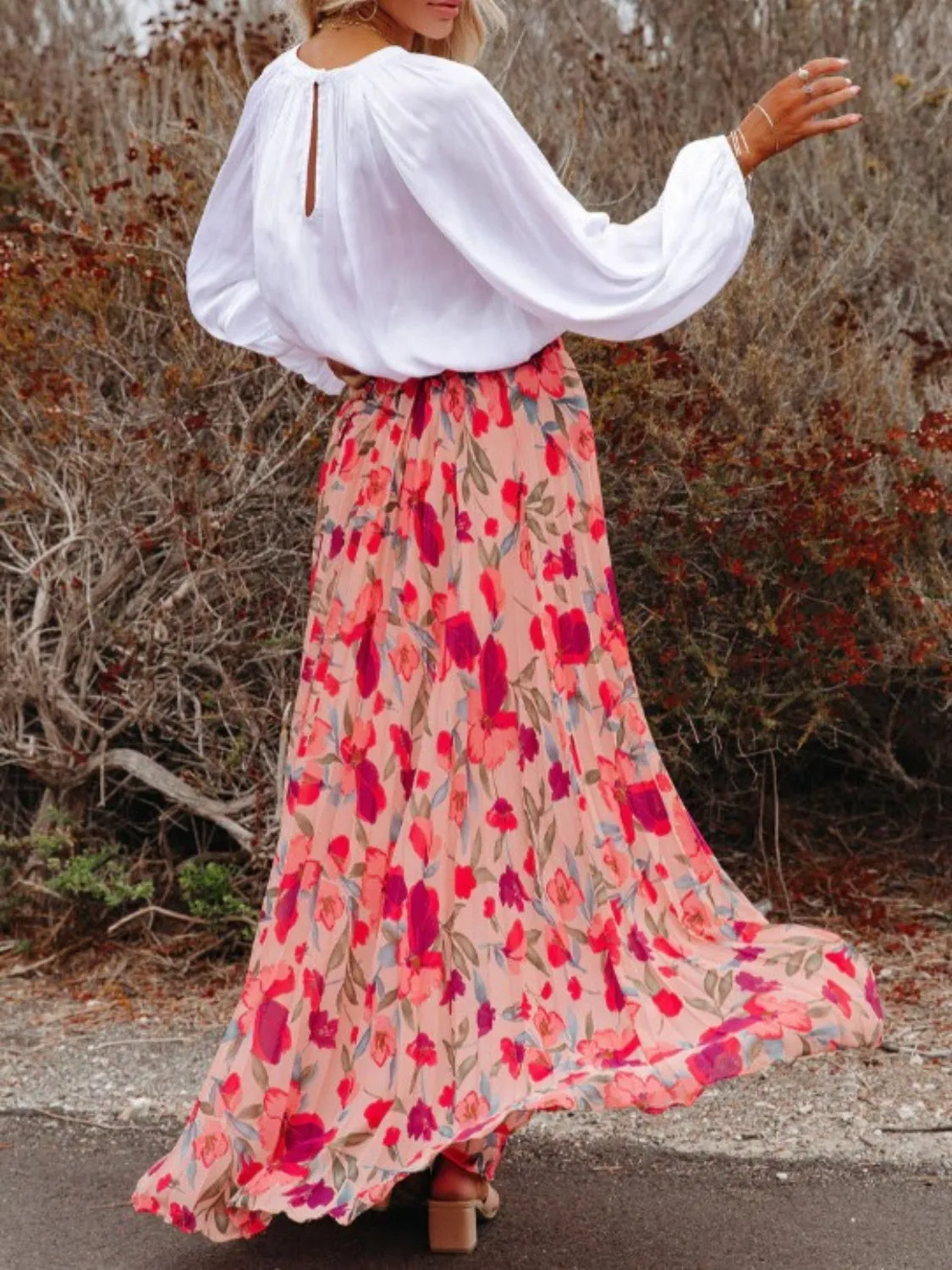 🌸 Printed Elastic Waist Pleated Maxi Skirt 🌸