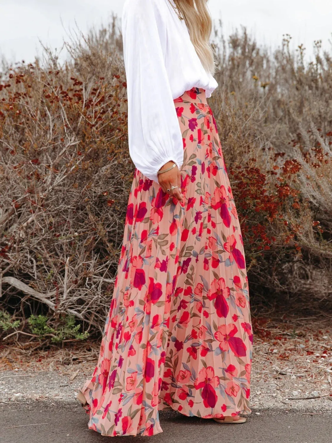 🌸 Printed Elastic Waist Pleated Maxi Skirt 🌸