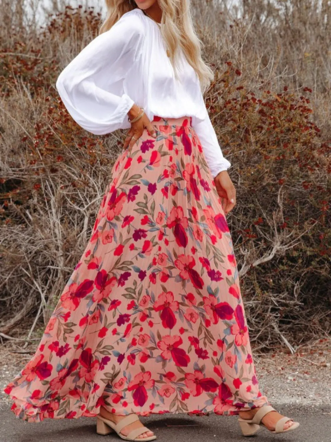 🌸 Printed Elastic Waist Pleated Maxi Skirt 🌸