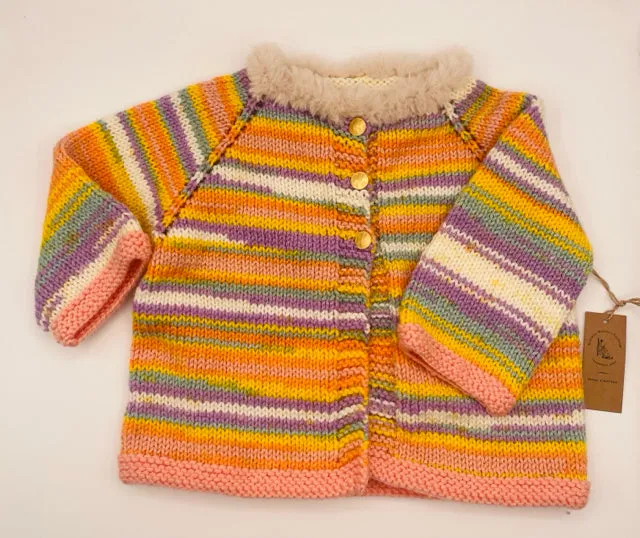 12-18 M Pastel Stripe Acrylic Knit Cardigan with Faux Fur Collar