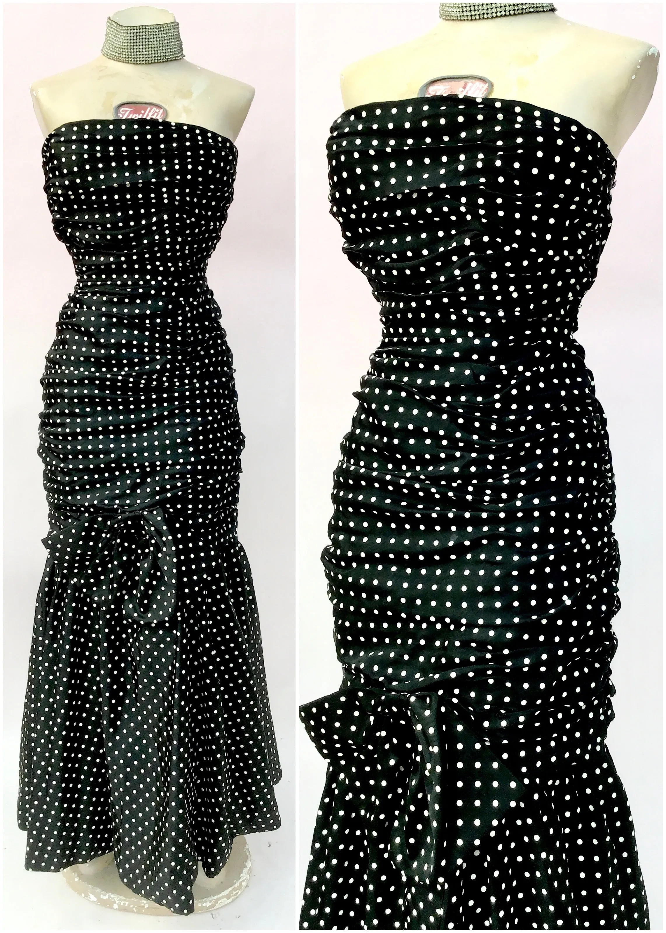 1980s Vintage Black Polka Dot Mermaid Cocktail Prom Dress