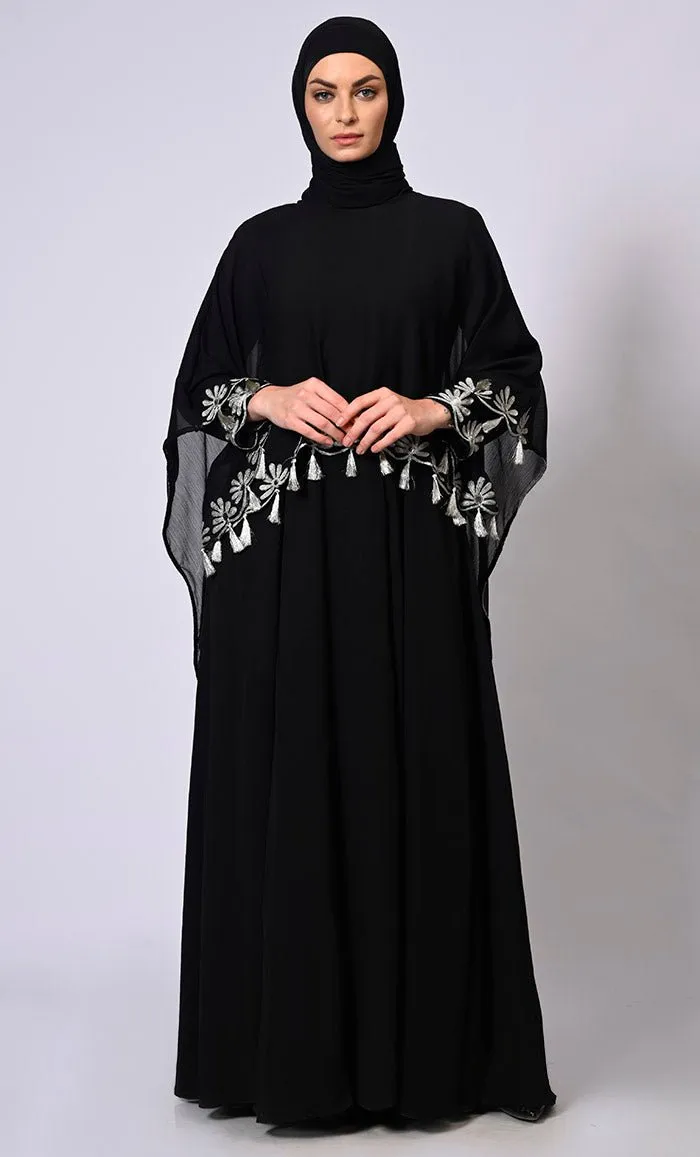 2 Pc Cape style Embroidered Black Abaya with Scalloped Edges and Tassels Detailing