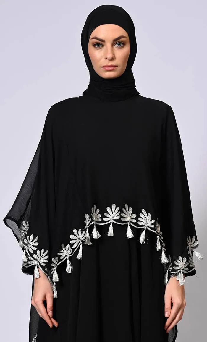 2 Pc Cape style Embroidered Black Abaya with Scalloped Edges and Tassels Detailing