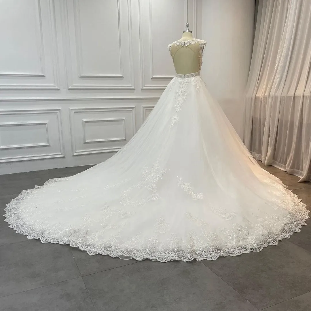 3D Lace Illusion Cap Sleeve Princess Tulle Wedding Ball Gown