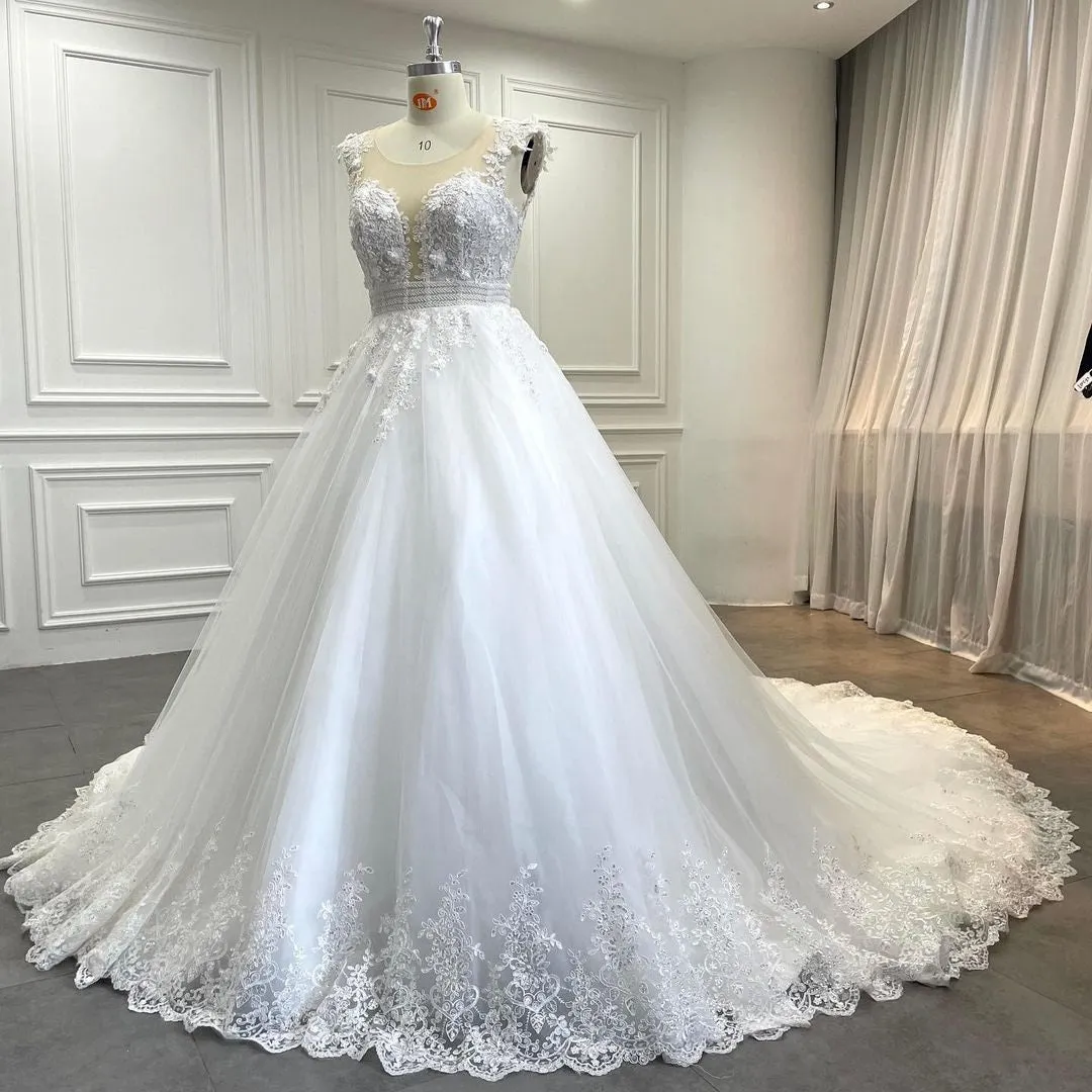 3D Lace Illusion Cap Sleeve Princess Tulle Wedding Ball Gown