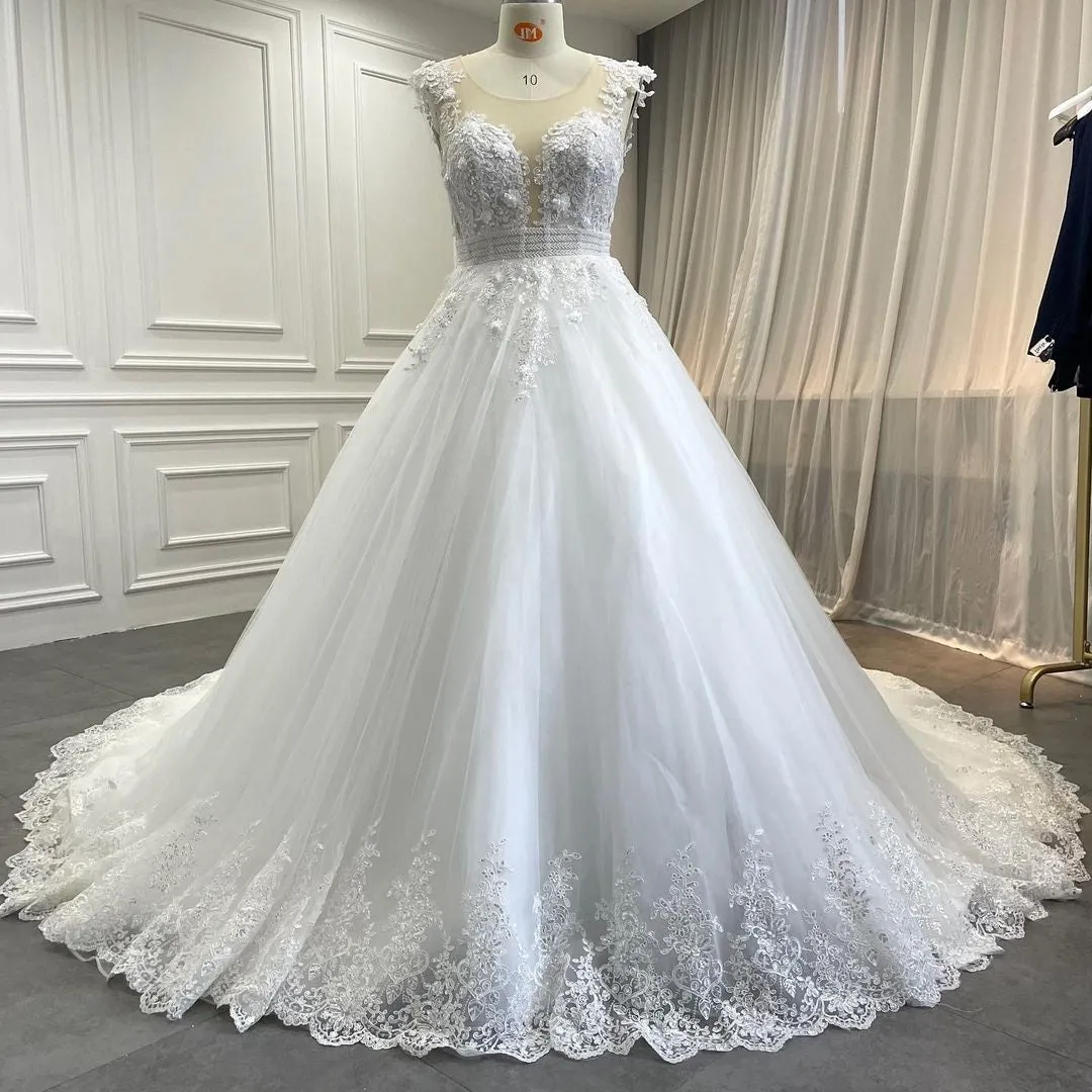 3D Lace Illusion Cap Sleeve Princess Tulle Wedding Ball Gown