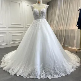 3D Lace Illusion Cap Sleeve Princess Tulle Wedding Ball Gown