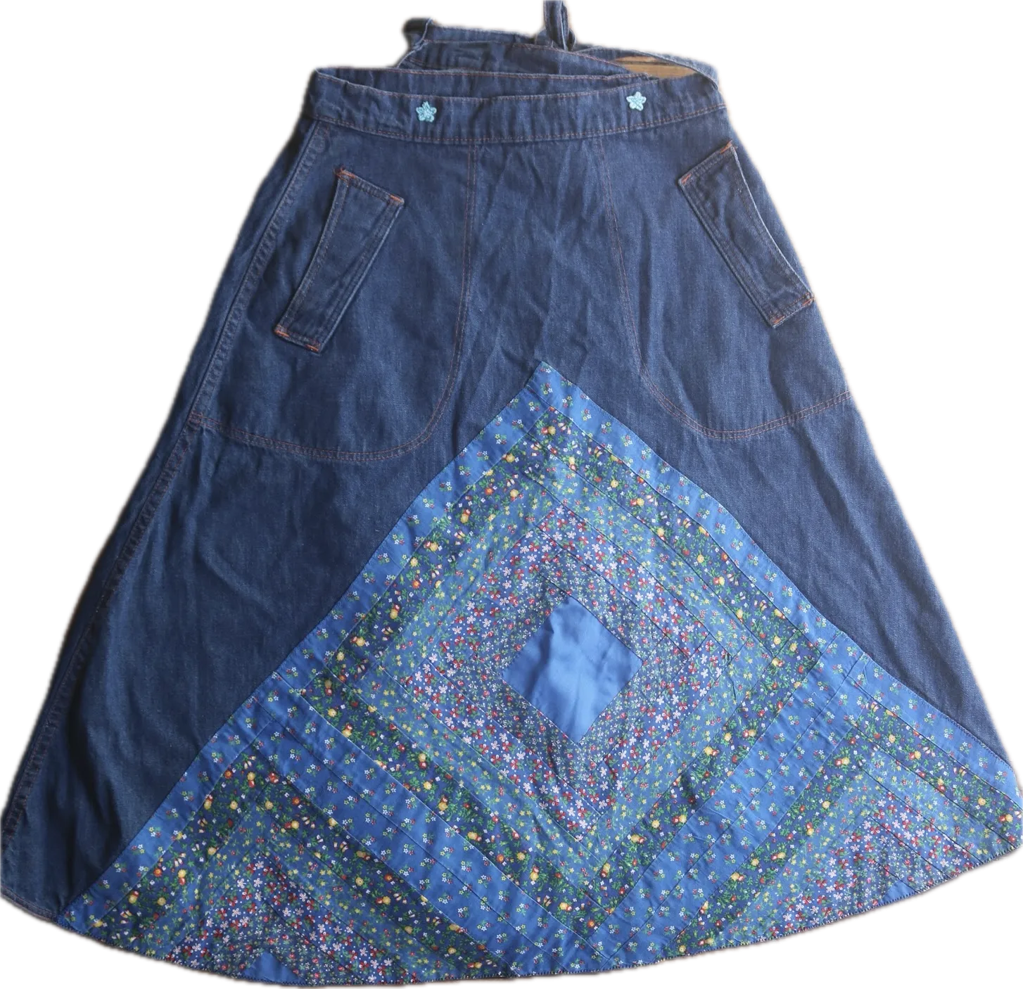 70s Glad Rags Denim Quilted Calico Skirt   w26-30