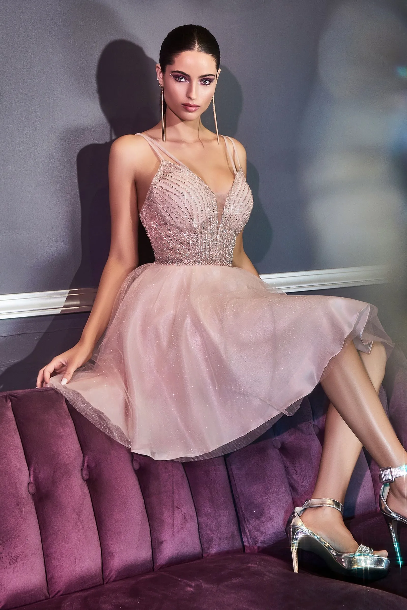 A-Line Embellished Bodice Layered Tulle Glitter Skirt Short Cocktail Dress