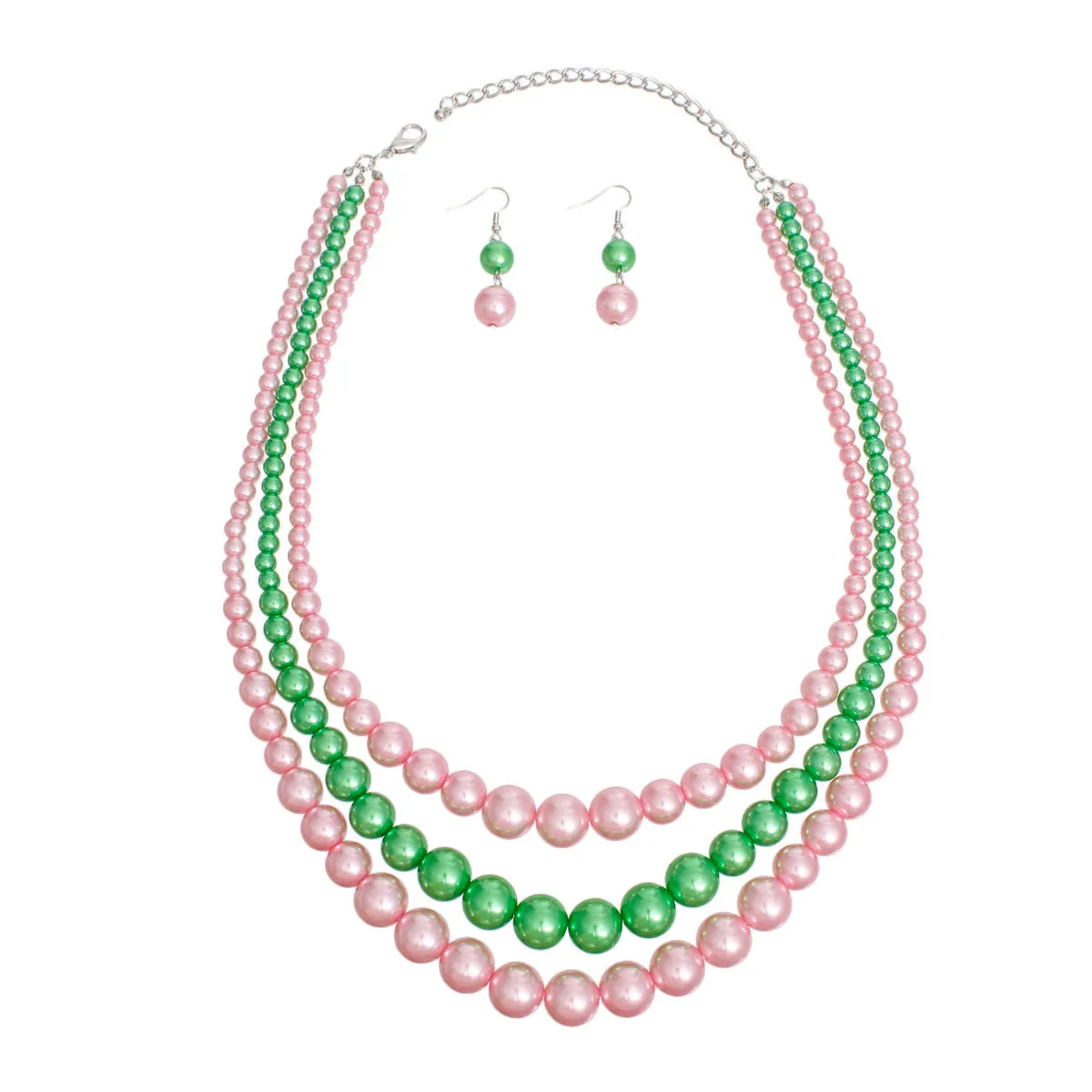 AKA Pearls Alpha Kappa Alpha Inspired Necklace Pink and Green 3 Strand