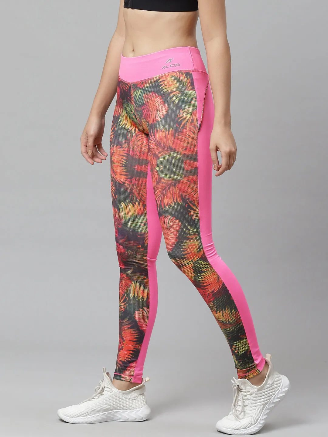 Alcis Pink Green Tropical Printed Training Tights