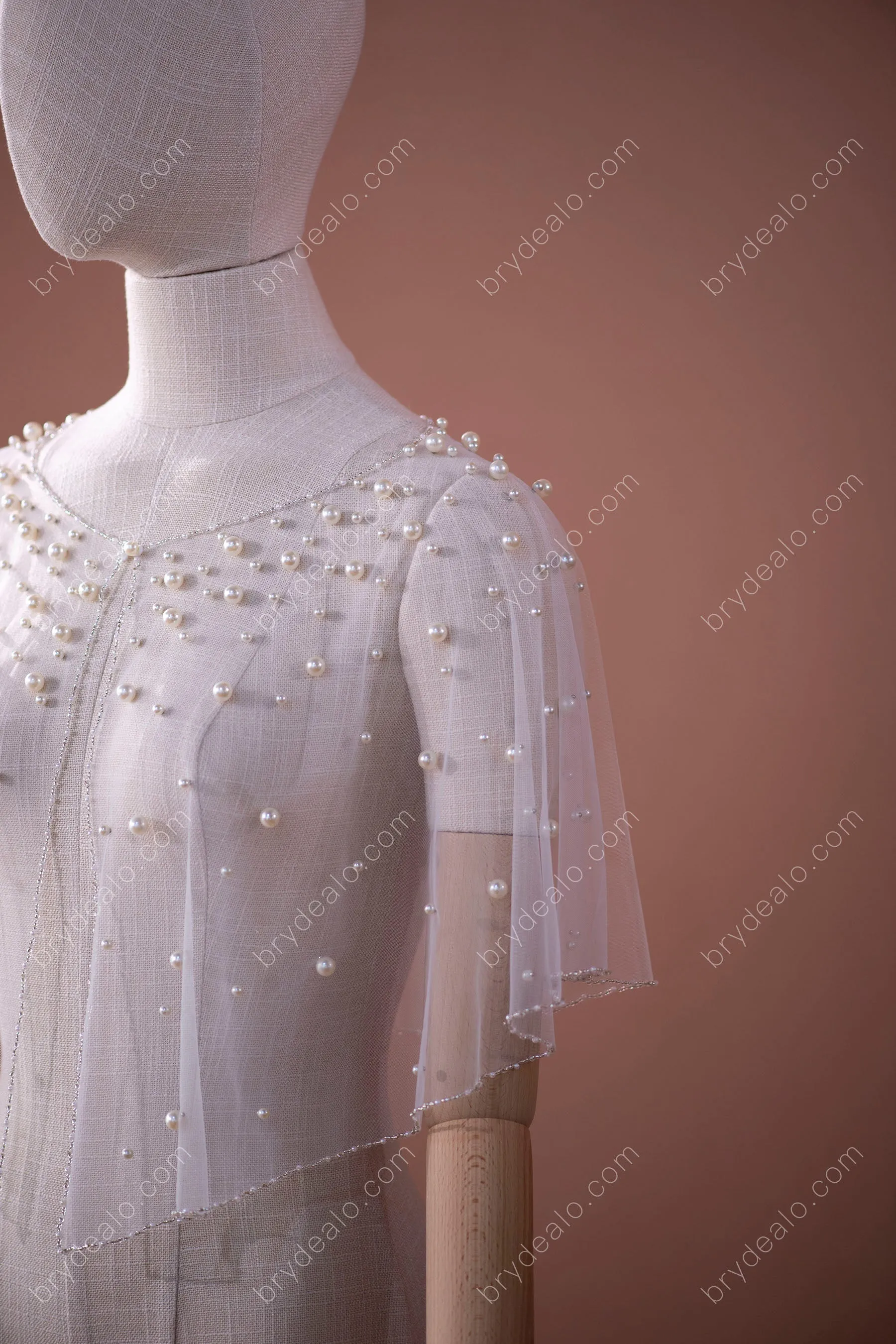 Allover Pearls Tulle Vintage Short Bridal Cape