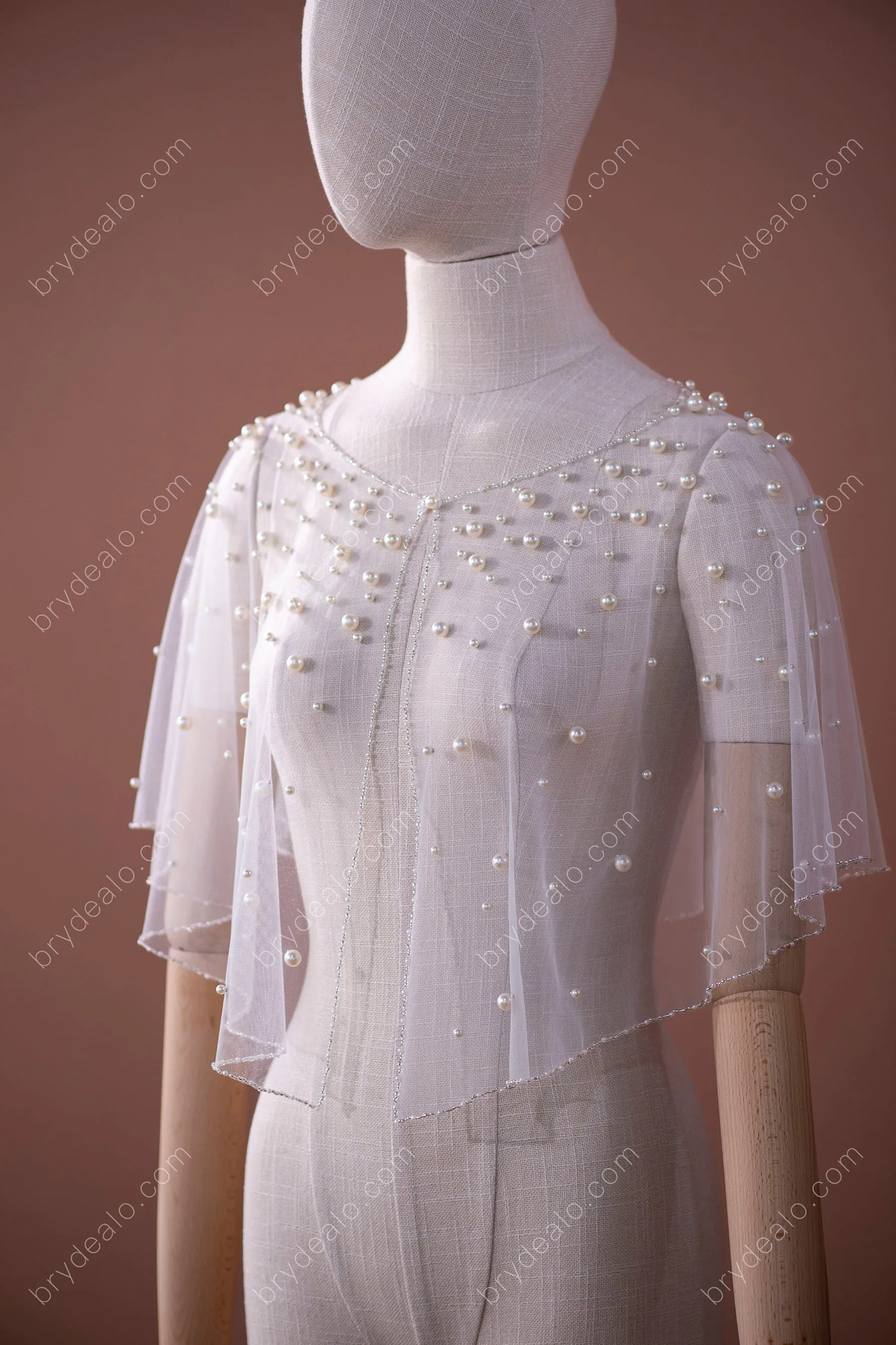 Allover Pearls Tulle Vintage Short Bridal Cape