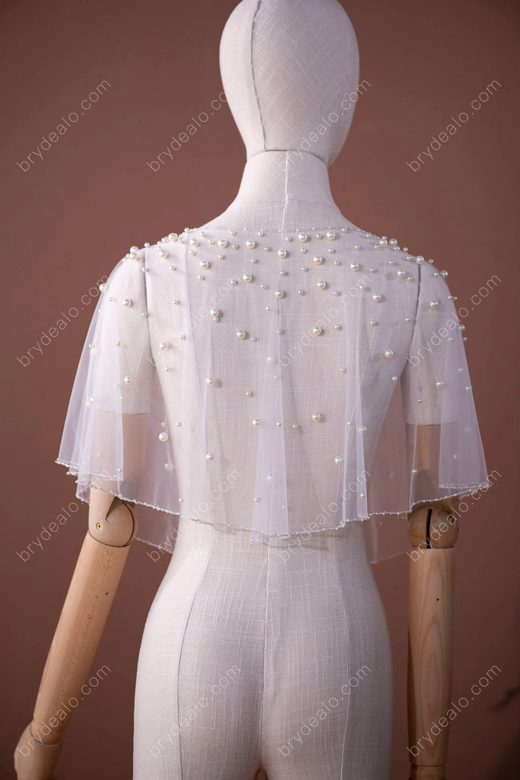 Allover Pearls Tulle Vintage Short Bridal Cape