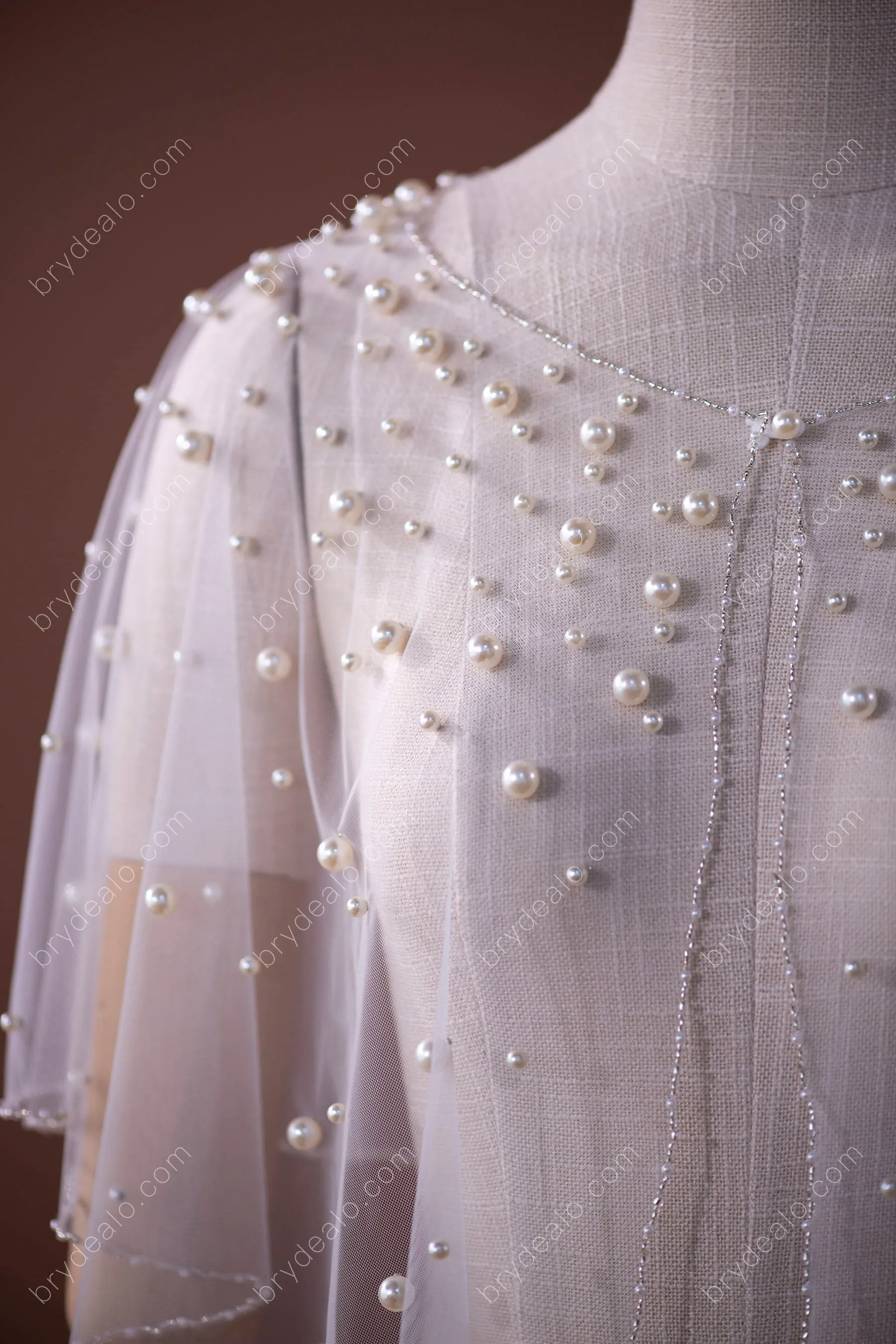 Allover Pearls Tulle Vintage Short Bridal Cape