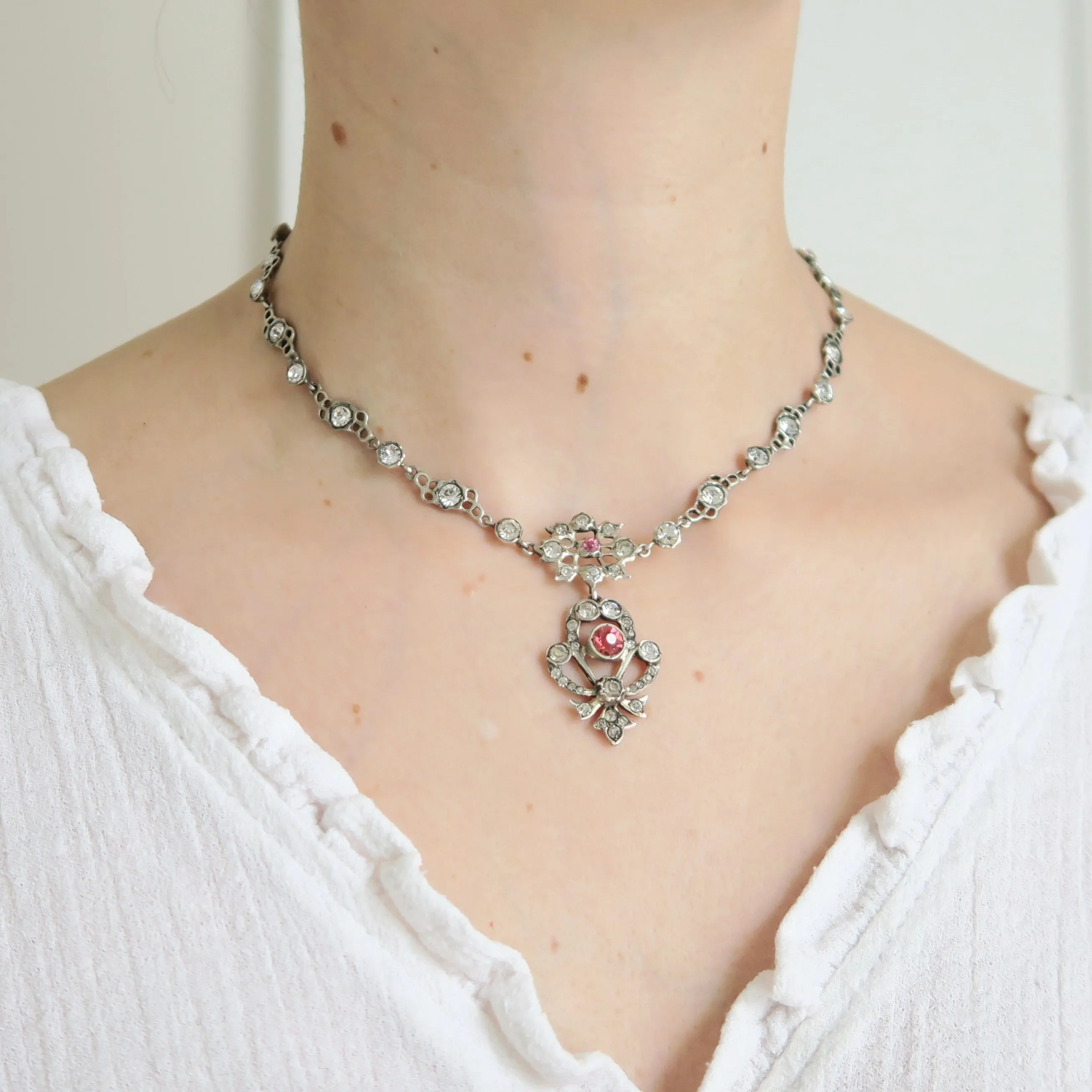 Antique French Victorian Silver Paste Necklace