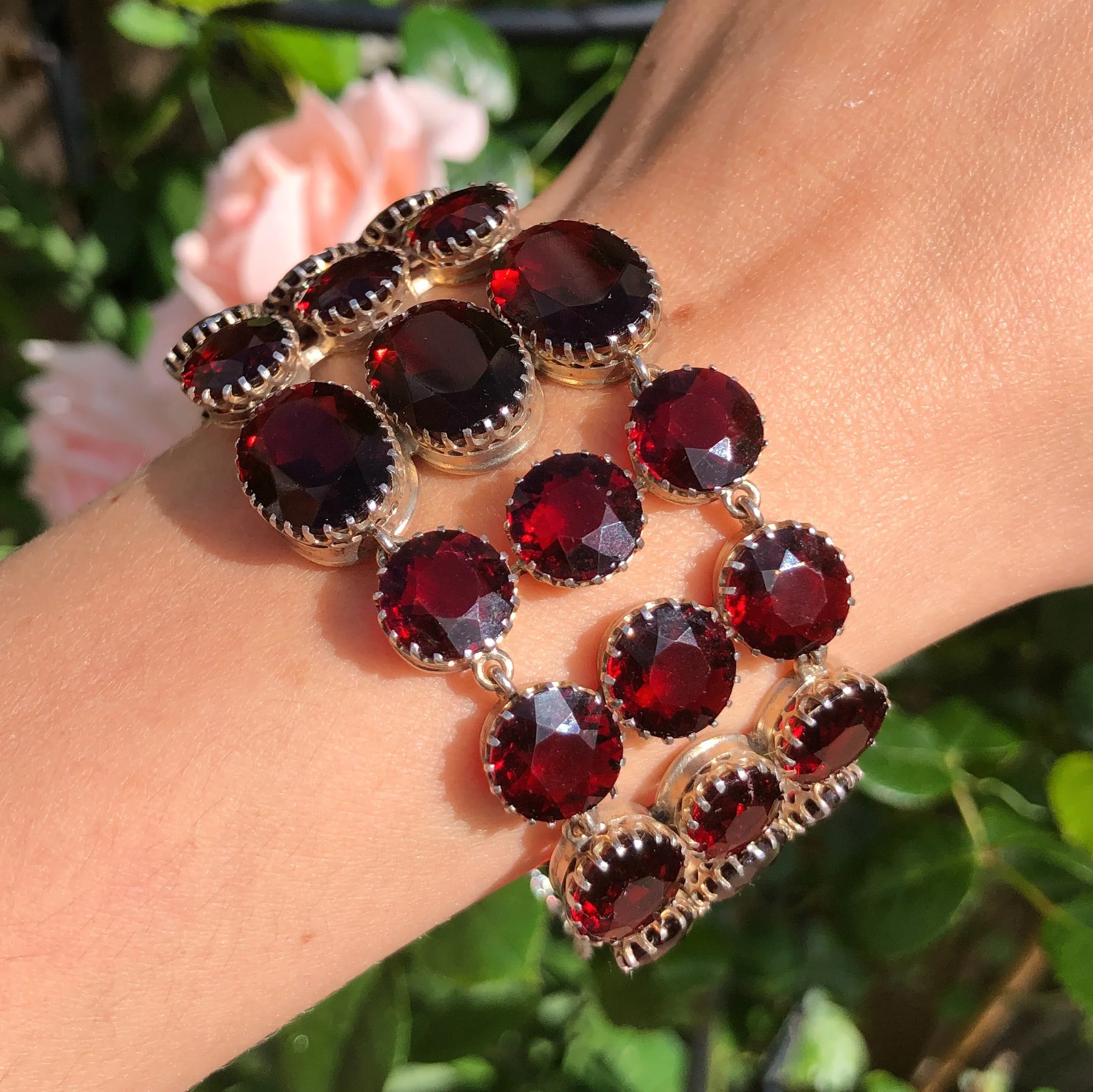 Antique Silver Cranberry Red Glass Prong Set Bracelet