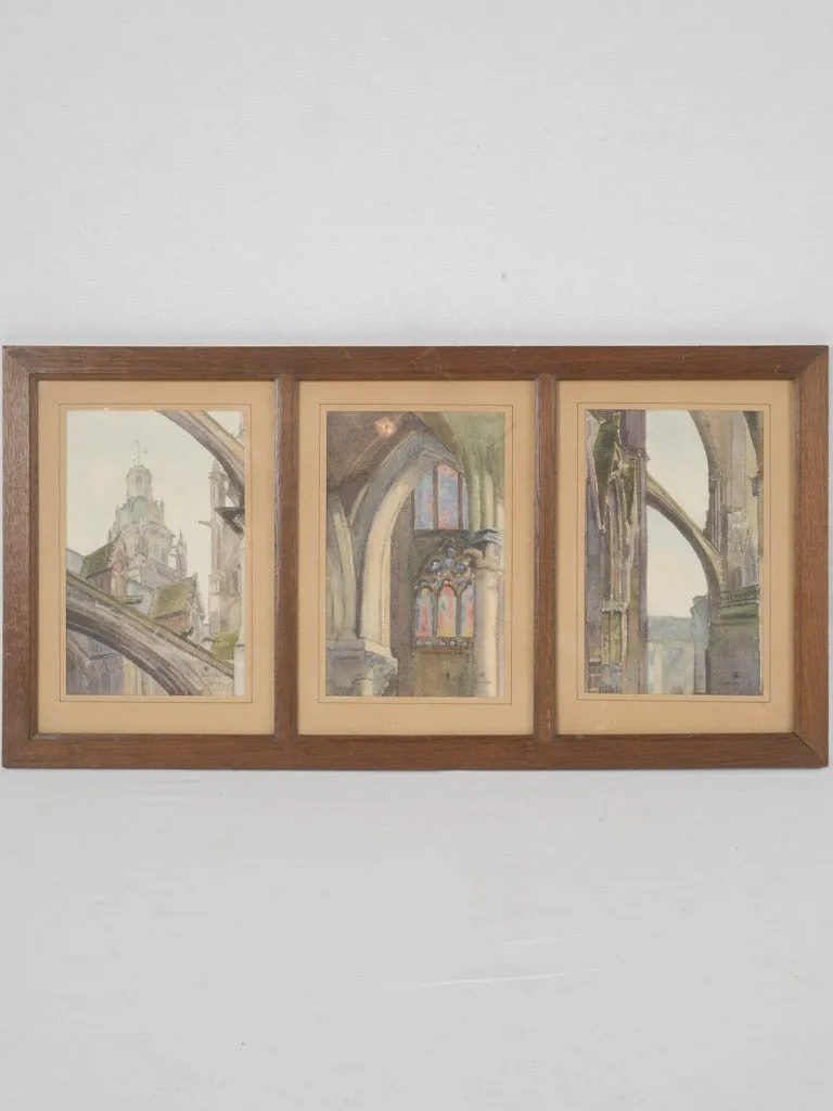 Antique watercolor triptyque of the cathedral of Amiens, France 14½ x 28¼"