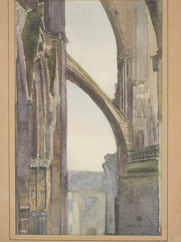 Antique watercolor triptyque of the cathedral of Amiens, France 14½ x 28¼"