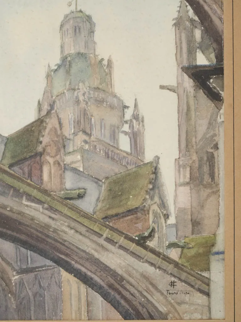 Antique watercolor triptyque of the cathedral of Amiens, France 14½ x 28¼"