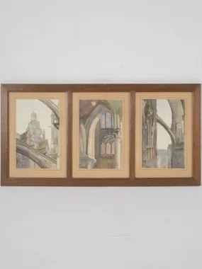 Antique watercolor triptyque of the cathedral of Amiens, France 14½ x 28¼"