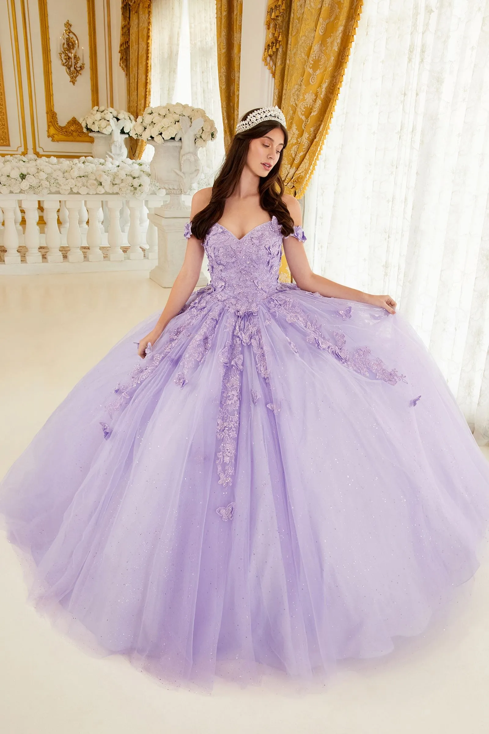 ARIABELLA Off Shoulder Layered Tulle Applique Quinceañera Ball Gown Dress