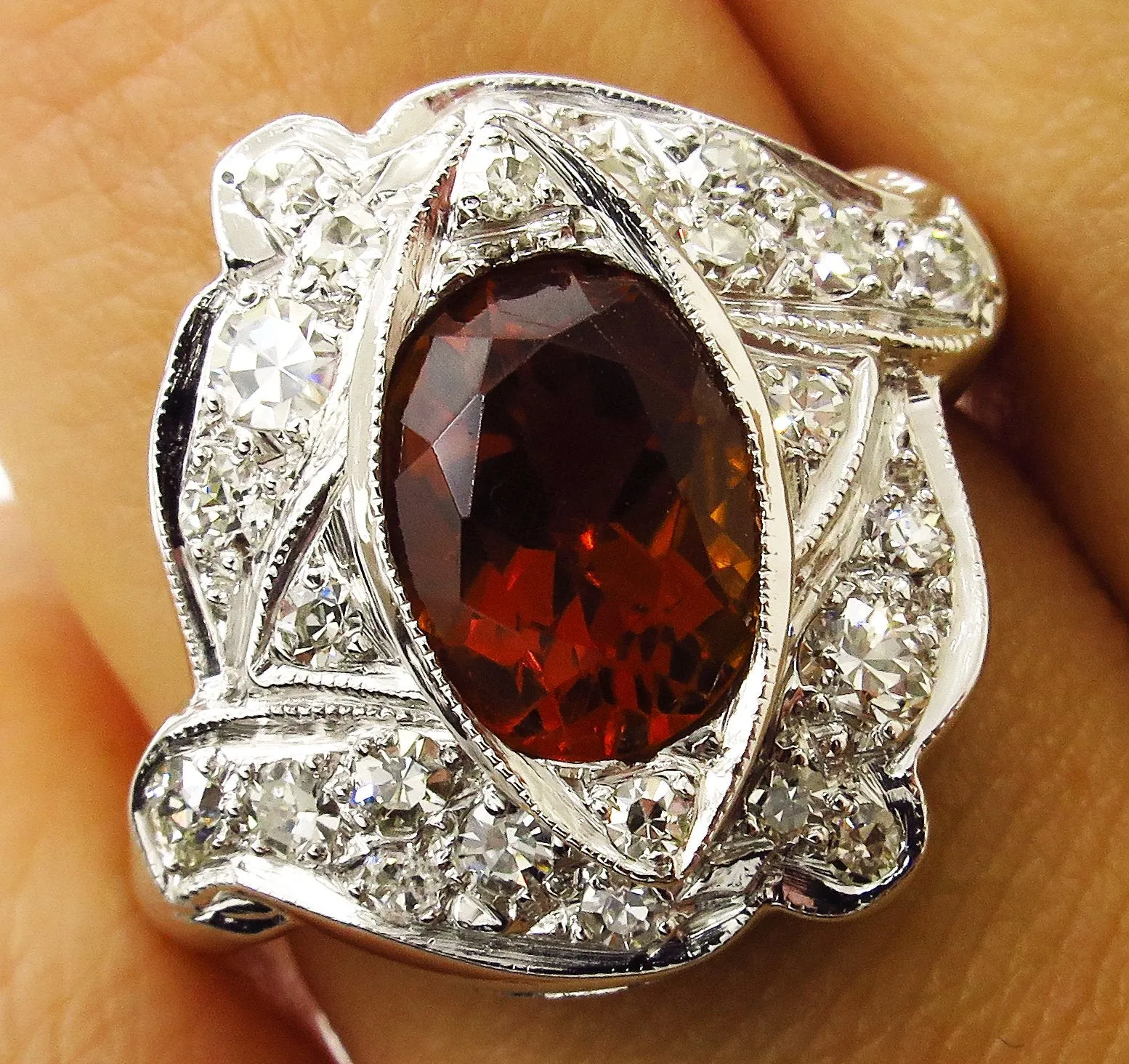 Art Deco 2.43ct Old European Antique Vintage Madeira Citrine and Diamond Platinum Ring