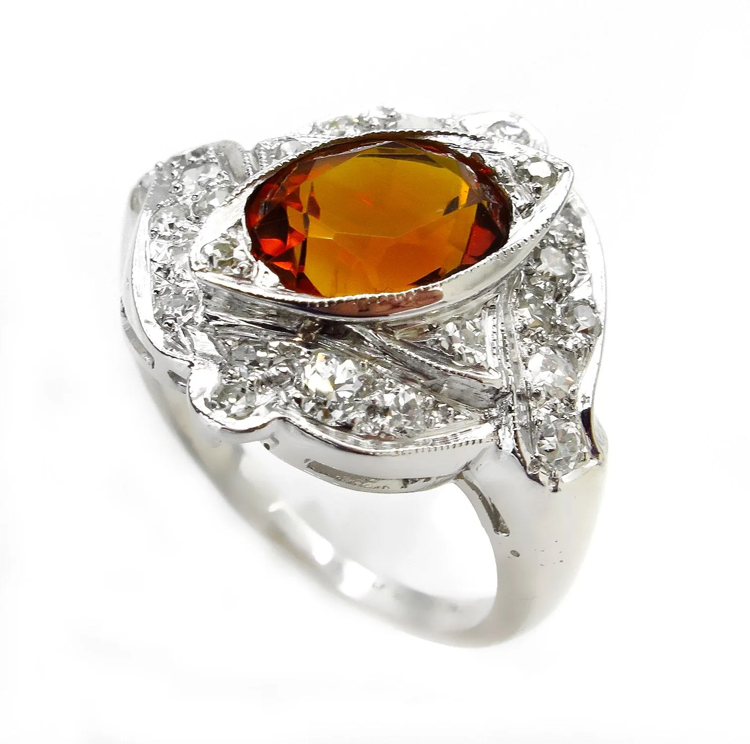 Art Deco 2.43ct Old European Antique Vintage Madeira Citrine and Diamond Platinum Ring