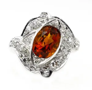 Art Deco 2.43ct Old European Antique Vintage Madeira Citrine and Diamond Platinum Ring