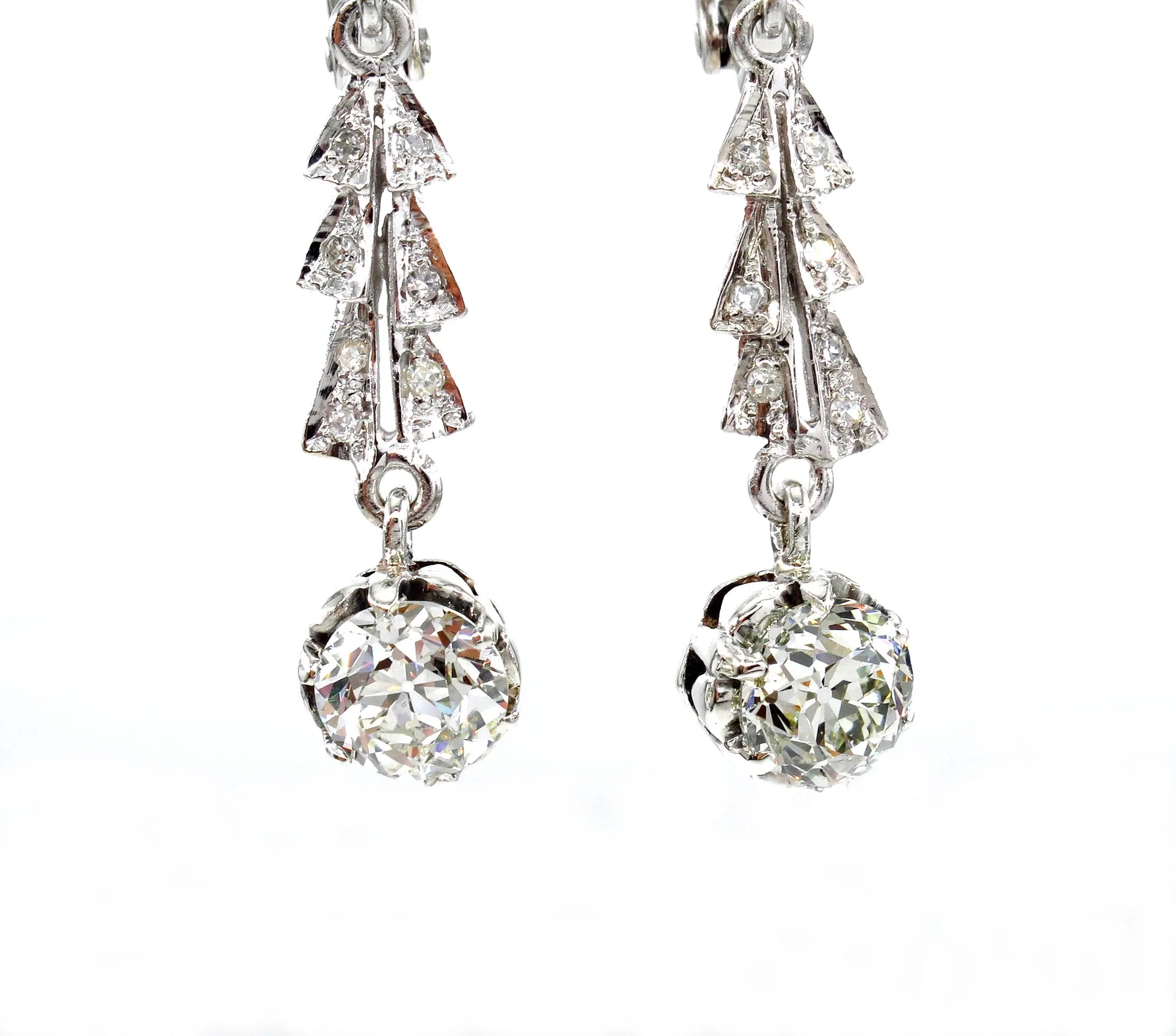 Art Deco GIA 3.25ct OLD European cut Diamond Drop Dangling EARRINGS