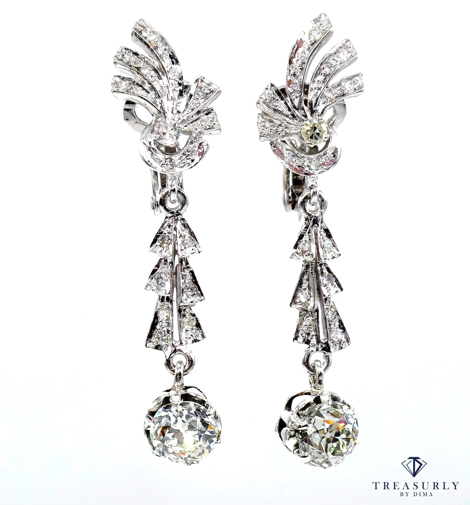 Art Deco GIA 3.25ct OLD European cut Diamond Drop Dangling EARRINGS