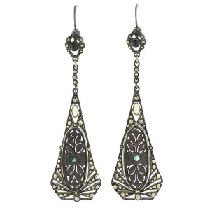 Art Deco Sterling, Wood, Emerald & Marcasite Earrings