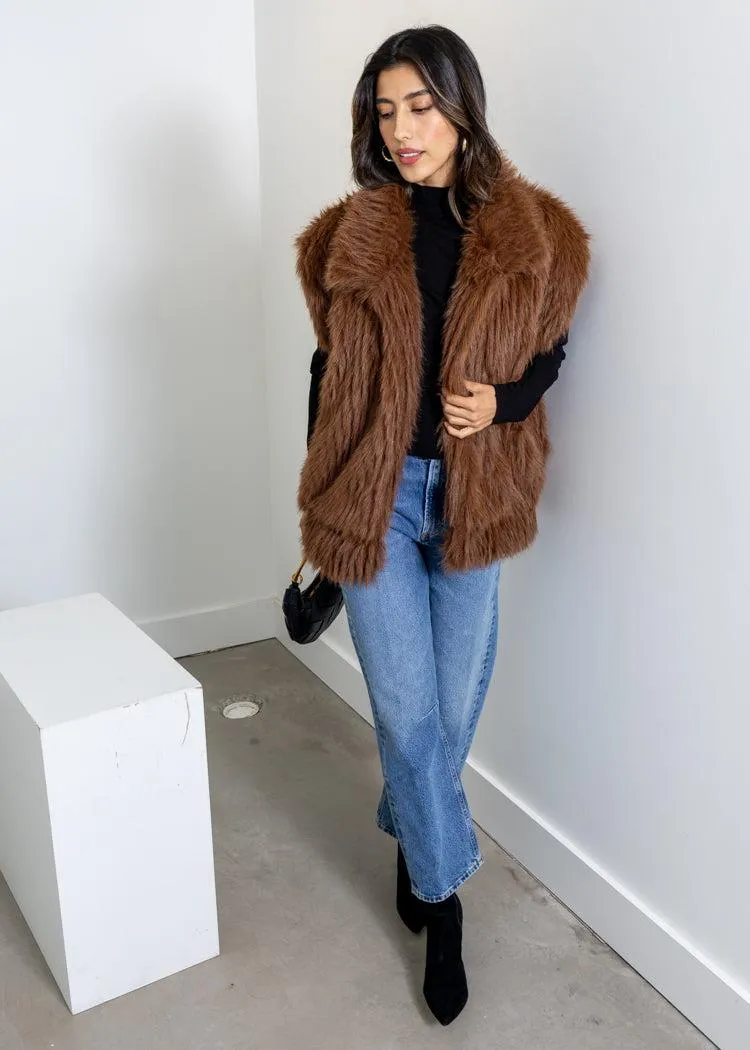 Astrid Bridges Faux Fur Vest- Cognac