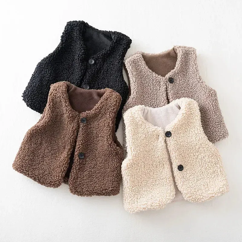 Autumn Winter Baby Lamb Wool Plus Velvet Waistcoat Girls Boys Plush