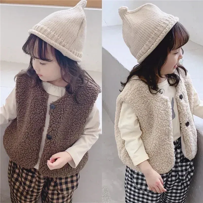 Autumn Winter Baby Lamb Wool Plus Velvet Waistcoat Girls Boys Plush