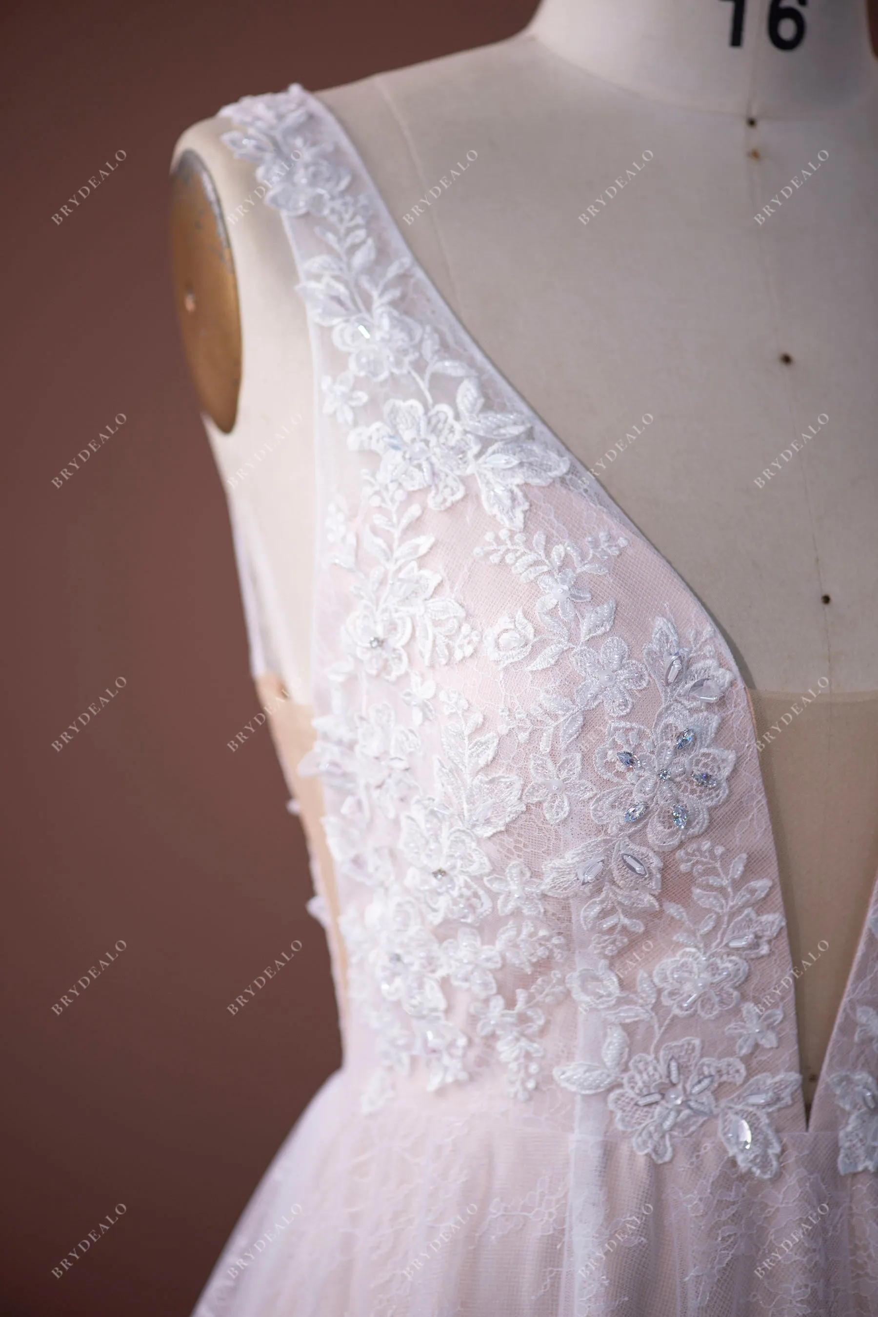 Beaded Floral Lace Plunging A-line Wedding Dress