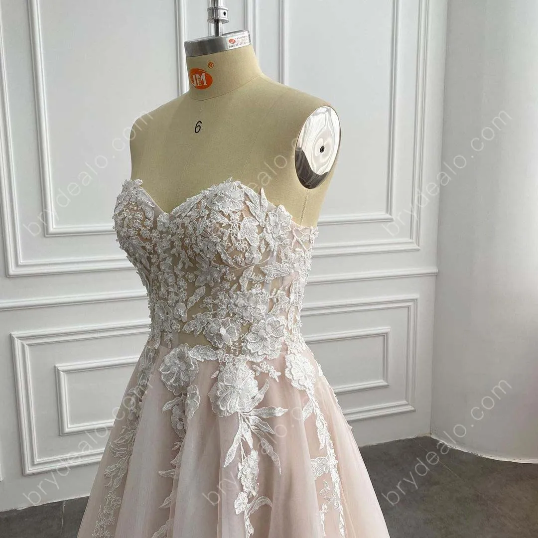 Beaded Lace Strapless Tulle Wholesale Nude Pink Wedding Dress