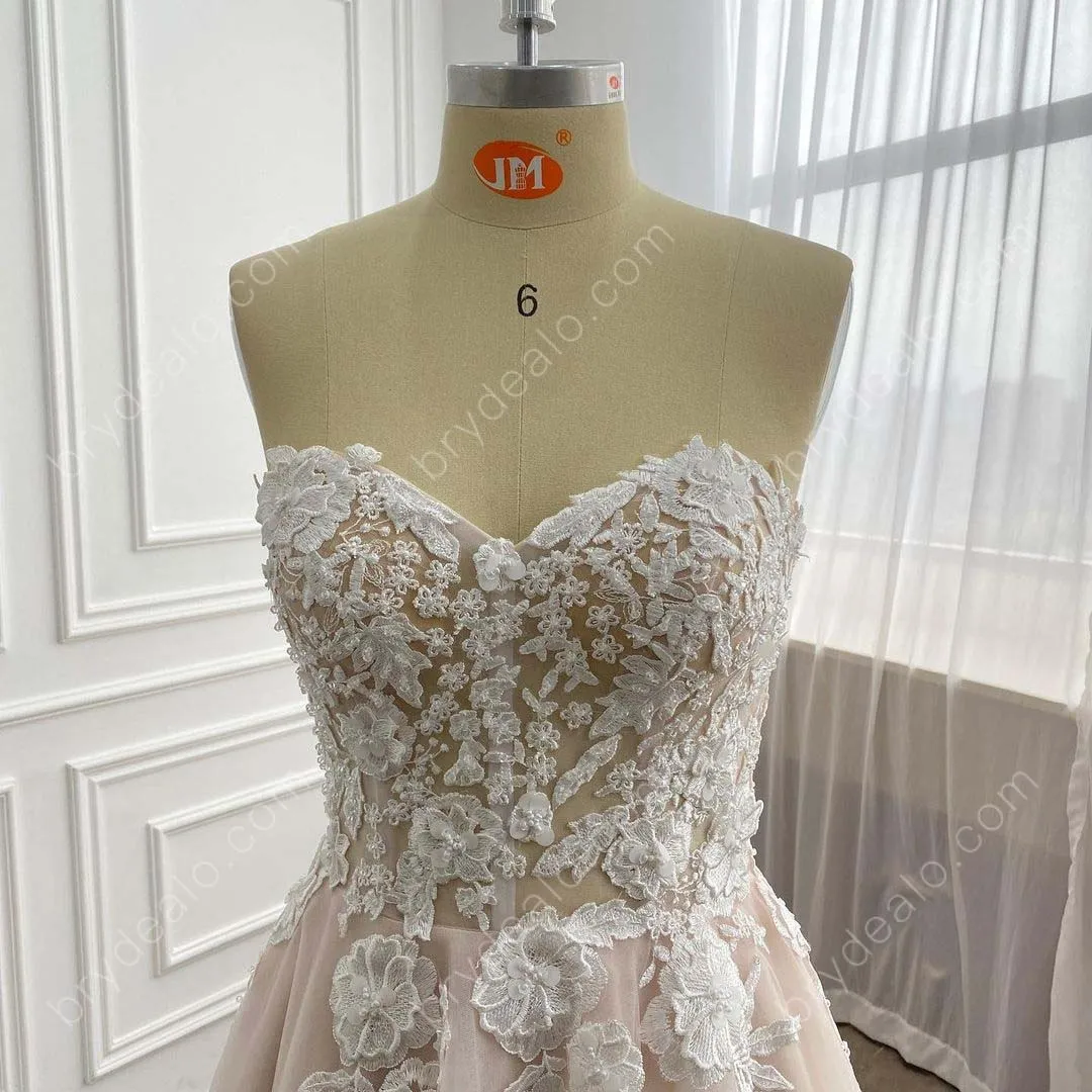 Beaded Lace Strapless Tulle Wholesale Nude Pink Wedding Dress