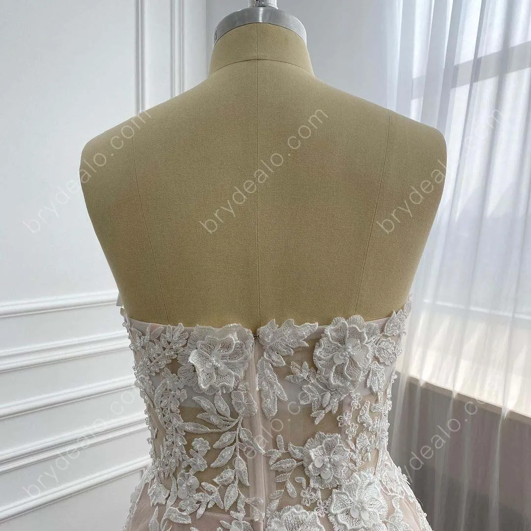 Beaded Lace Strapless Tulle Wholesale Nude Pink Wedding Dress