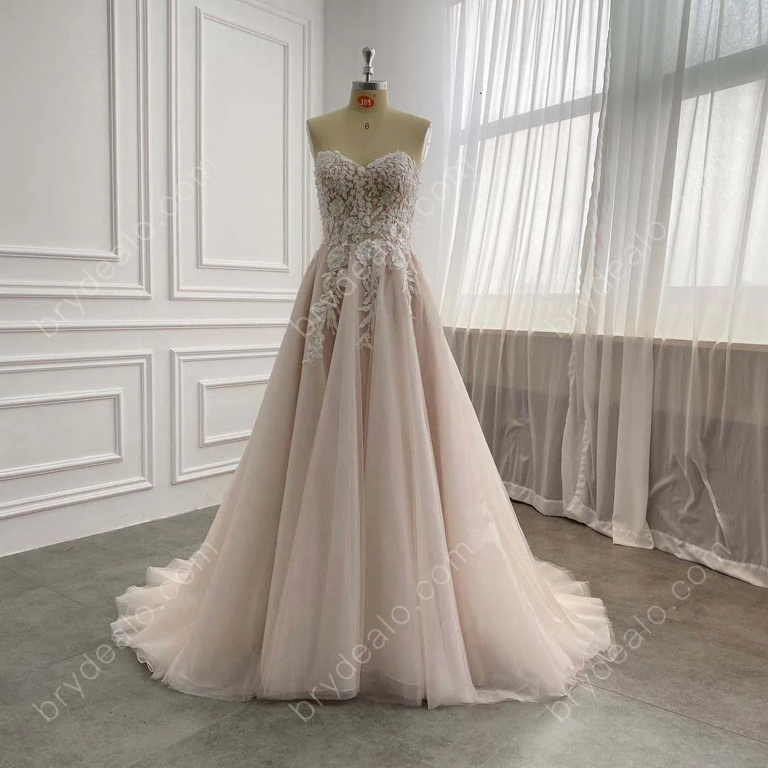 Beaded Lace Strapless Tulle Wholesale Nude Pink Wedding Dress