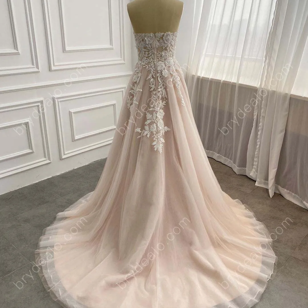 Beaded Lace Strapless Tulle Wholesale Nude Pink Wedding Dress