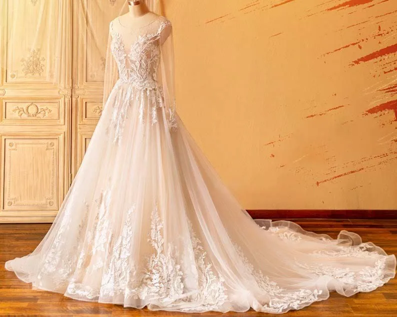 Beaded Neck Illusion Plunging Lace Tulle Wedding Dress