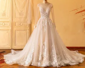 Beaded Neck Illusion Plunging Lace Tulle Wedding Dress