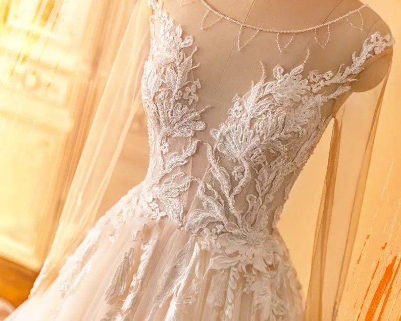 Beaded Neck Illusion Plunging Lace Tulle Wedding Dress