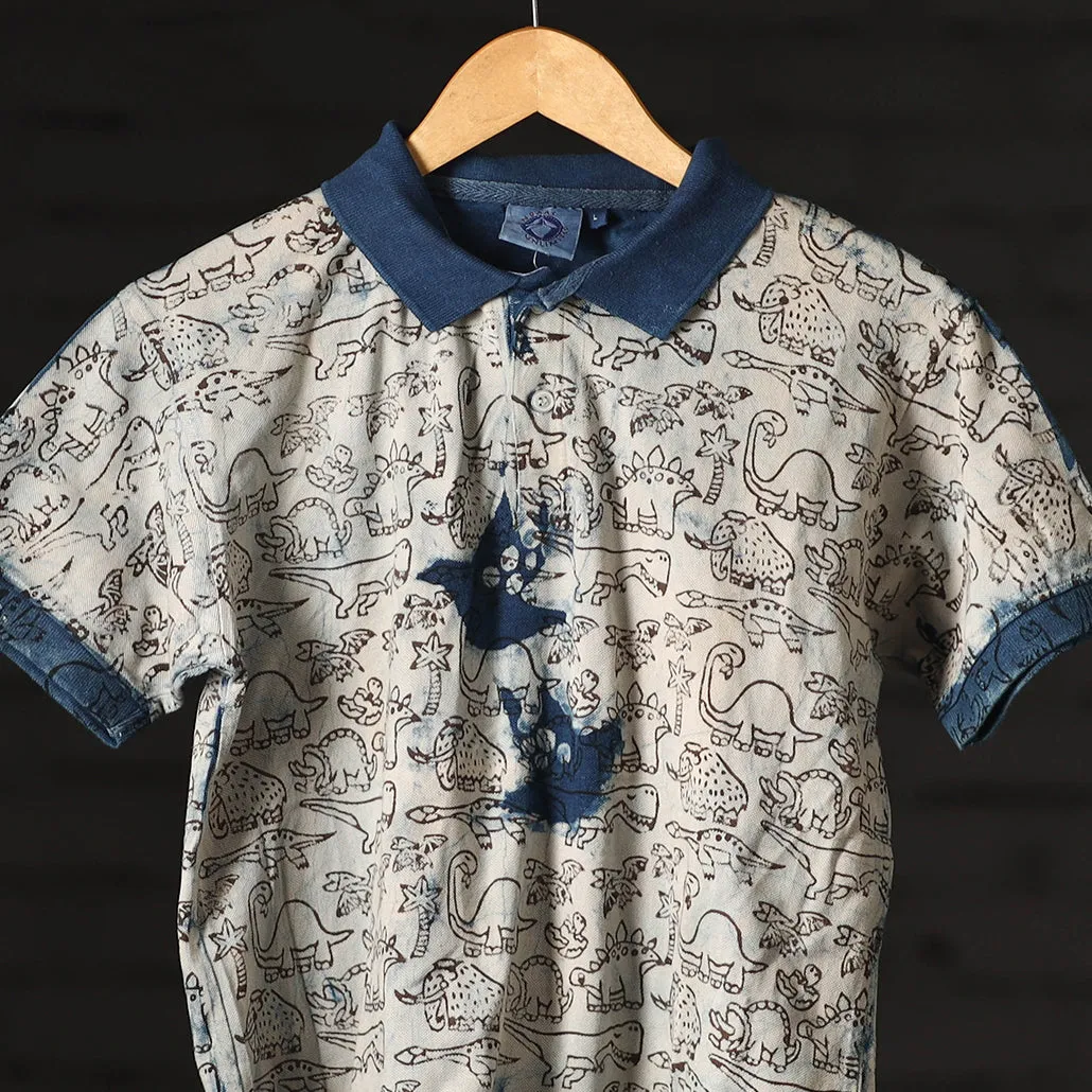 Beige - Bindaas Natural Dyed Art Block Print Polo Collar T-shirt in Cotton