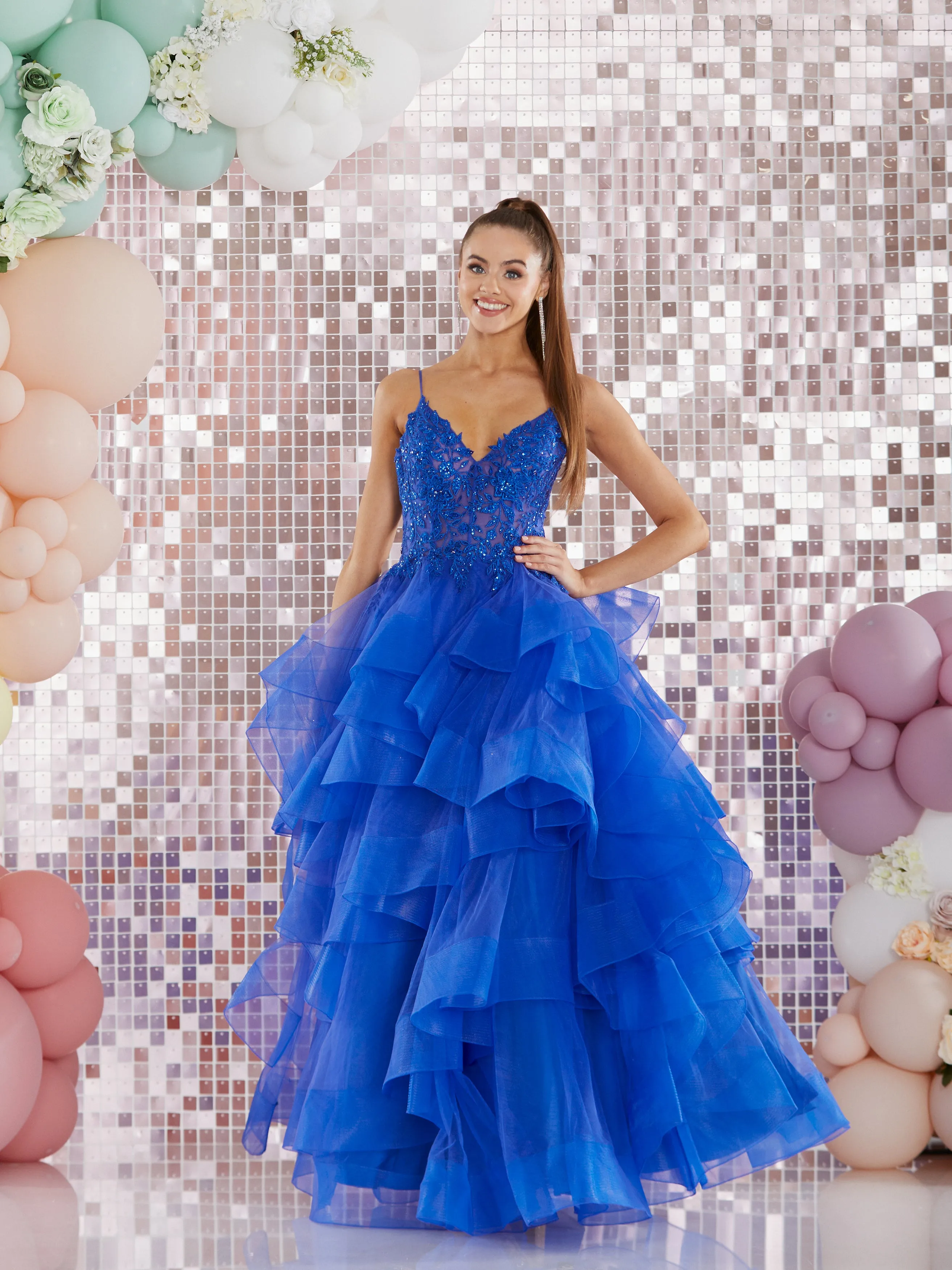 Bellatrix by Tiffanys ruffle prom  dress ballgown pink, baby blue, royal, black