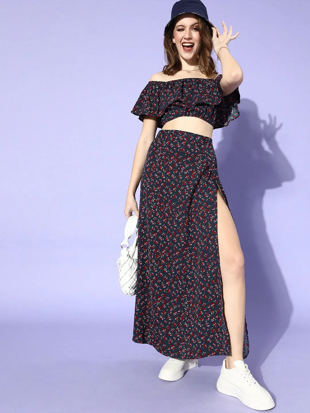 Berrylush Women Navy Blue Floral Off-Shoulder Co-Ordinate Maxi Dress