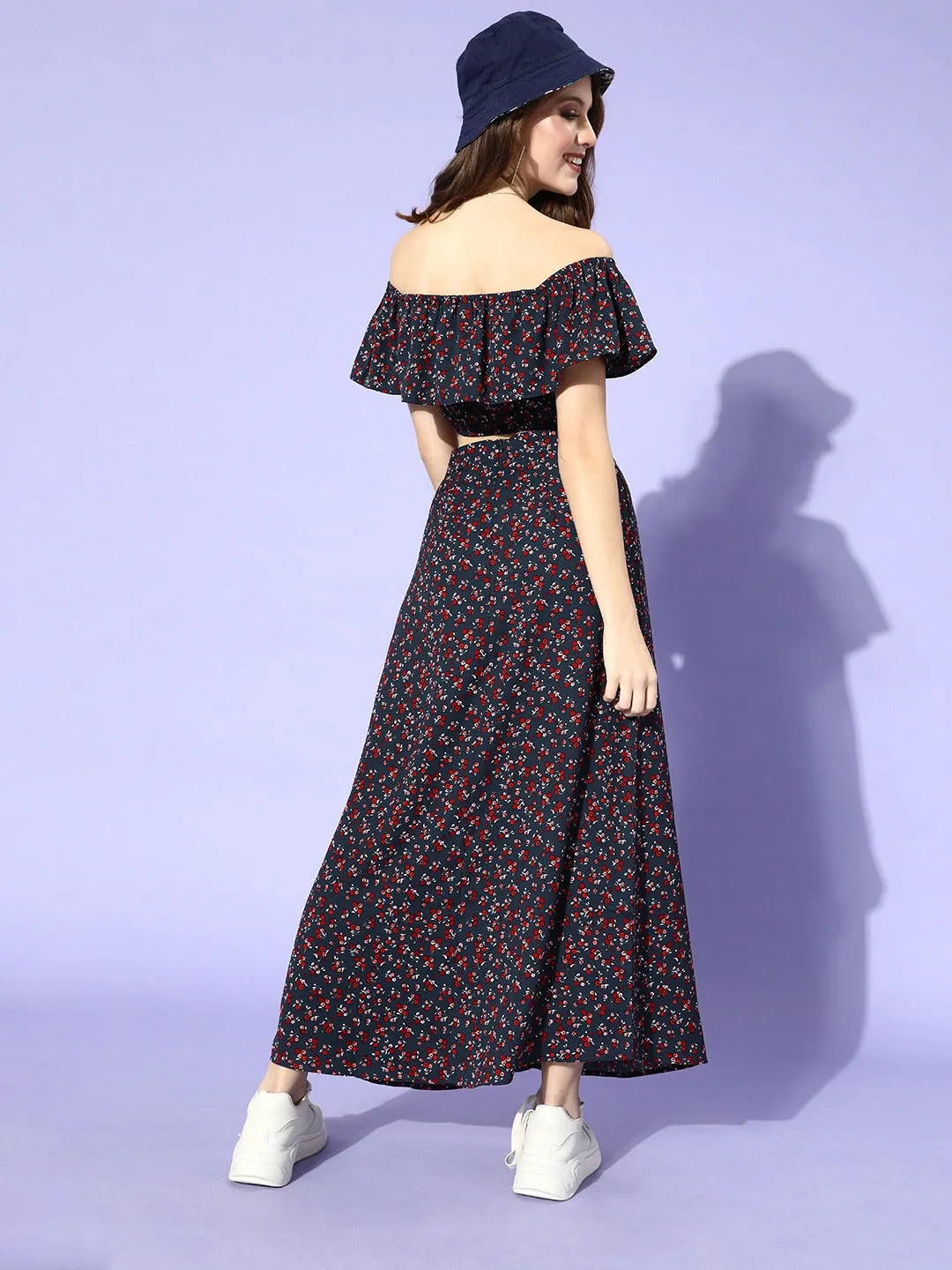 Berrylush Women Navy Blue Floral Off-Shoulder Co-Ordinate Maxi Dress