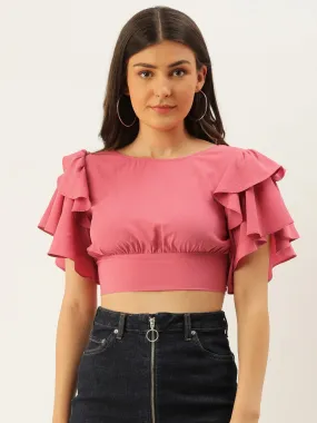 Berrylush Women Solid Rose Pink Open-Back Blouson Crop Top